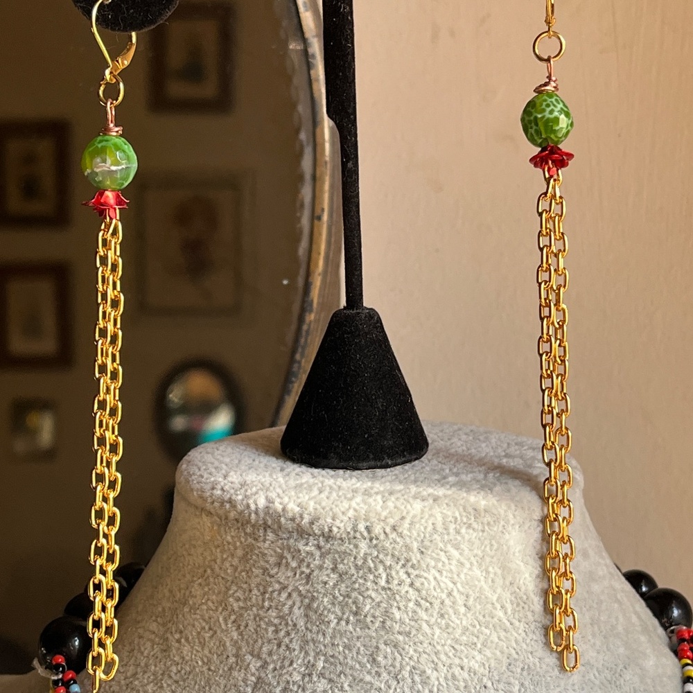 Boho Earrings - Long Dangle Chain Green Glass Bead & Tiny Roses - Handcrafted 5"